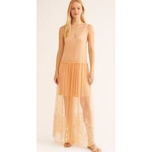 Free People Intimately S Slip Maxi Dress Peach Mesh Lace Tiered Nowhere To Go